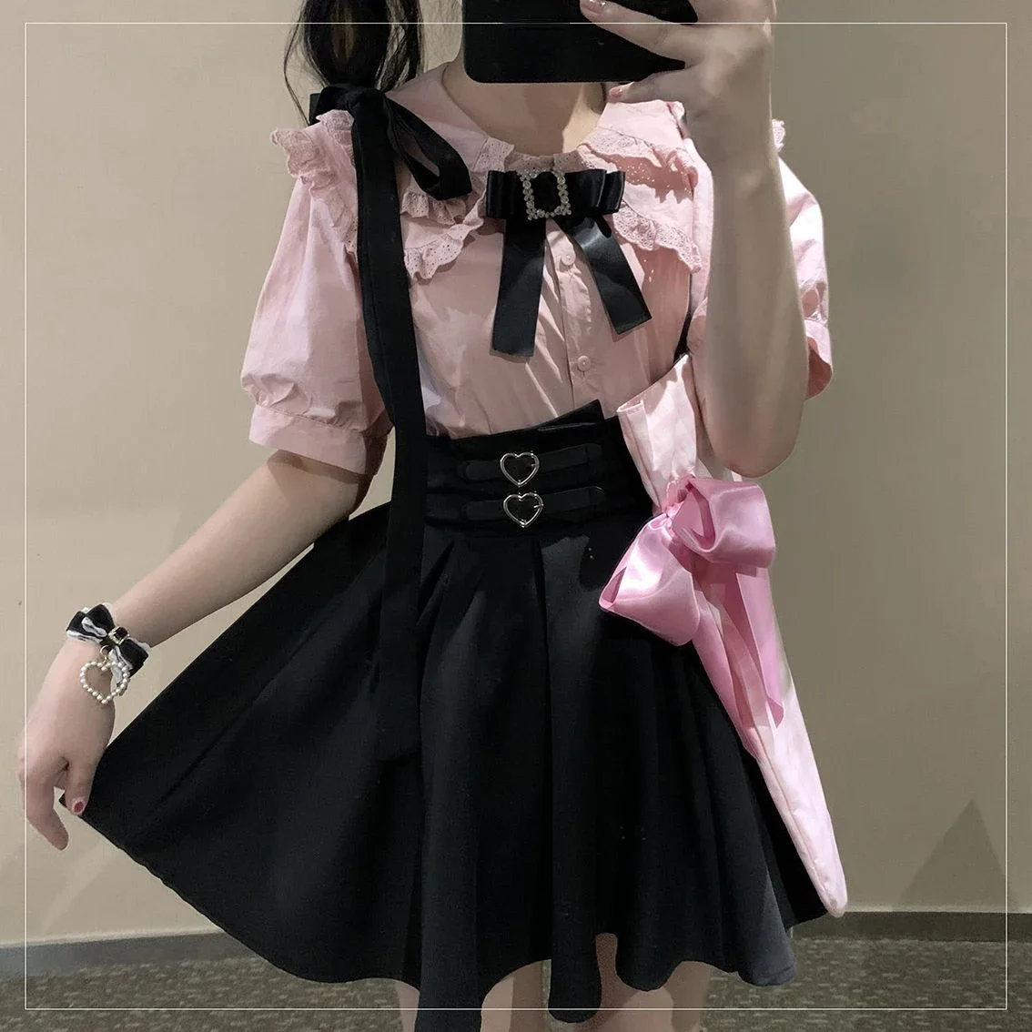 Japanese Sweet Lolita Short Suspender Skirt Woman Girls Cute Lace Puff Sleeve Kawaii Ruffles Bow A-Line Mini Skirts