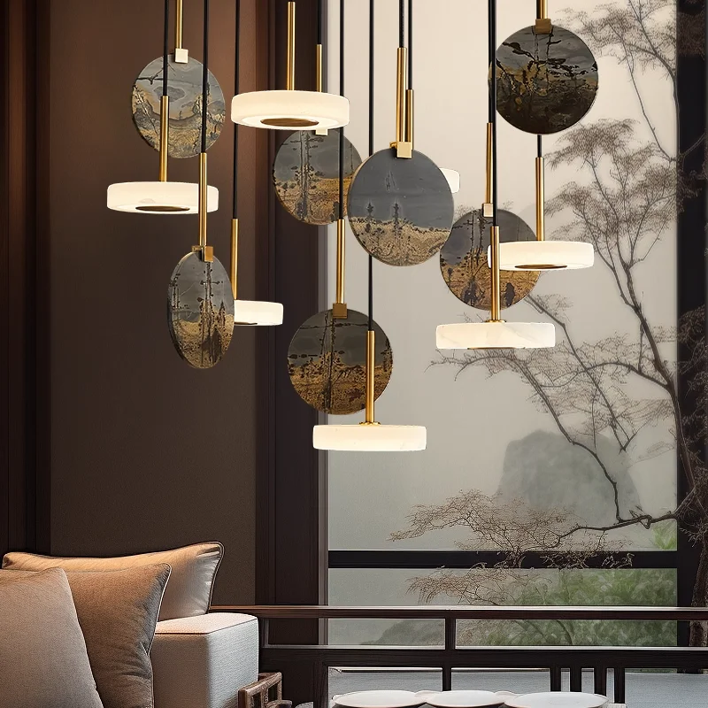 

Nordic Classic Style Alabaster Marble Wood Chandelier Ceiling Light for Villa Duplex Living Room Hanging Lighting Fixtures