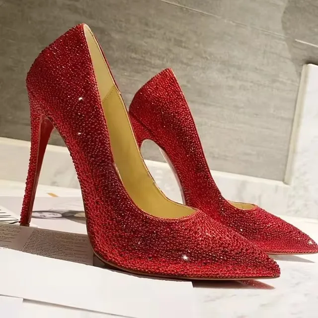 

Top Quality Womens High Heels Luxury Fashion Ladies Crystal Glisten Red Sole Shoes Classic Retro Designer 10cm High heel