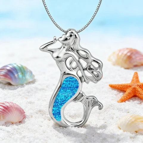 Mermaid Pendant Necklace,Blue Opal Tail on Silver Plated 3D Mermaid,Boho Fantasy Ocean Jewelry,Unique Gift for Women & Girls