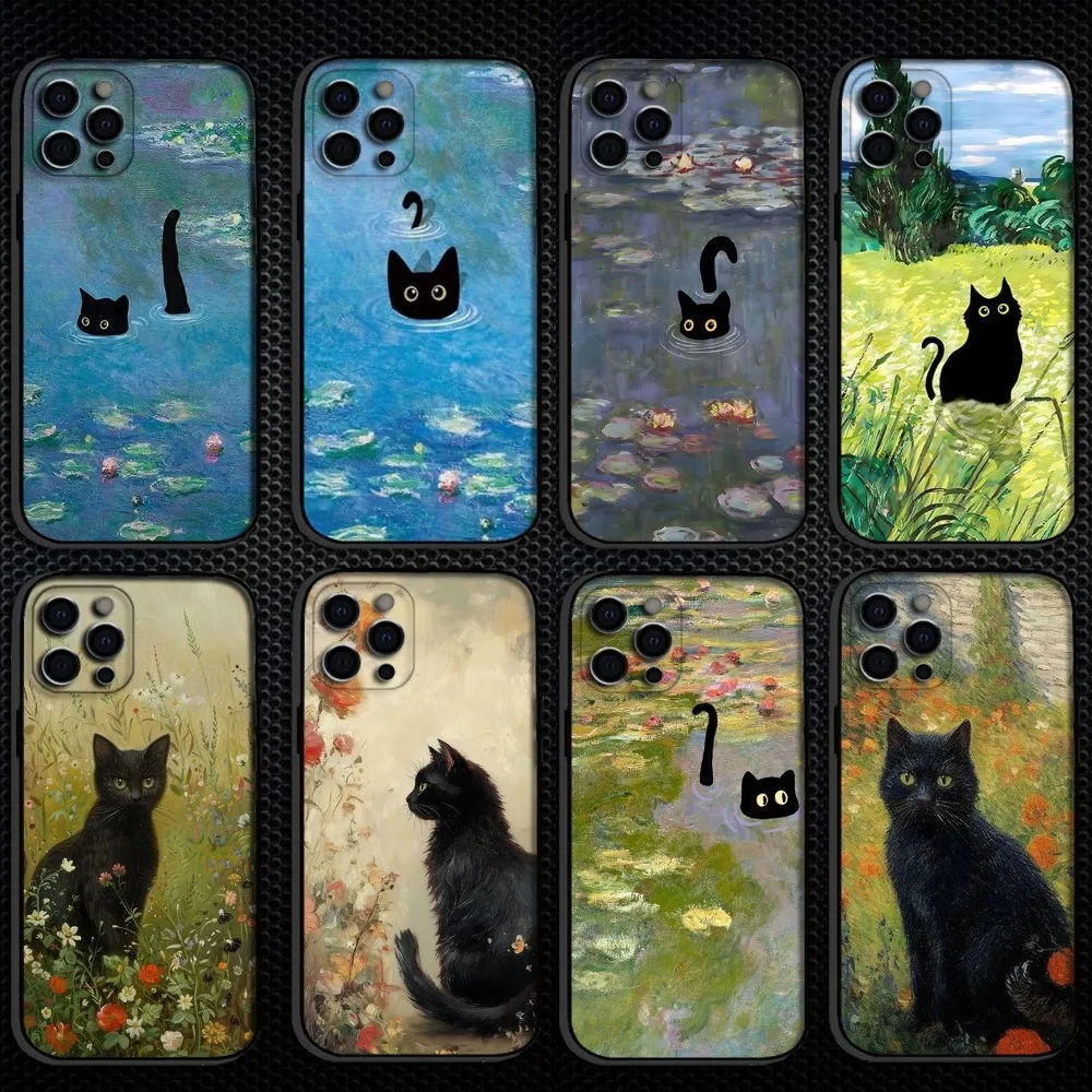 

cute black cat invade classic oil painting Phone Case For iPhone 16,15,14,13,12,11 Plus,Pro Max, Soft Silicone Black Cover