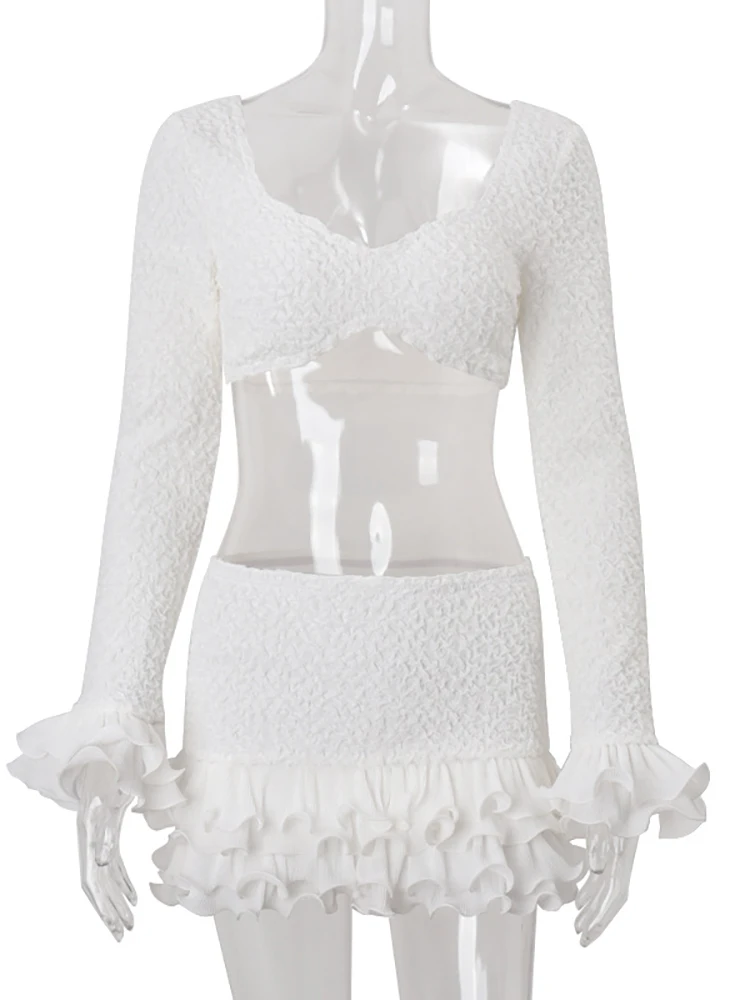 JULISSA MO Sexy Low Chest Ruffles Women Skirt Suit White Long Sleeve T-shirt Mini Skirt Summer Slim Elegant Two Piece Sets 2025 - Image 6