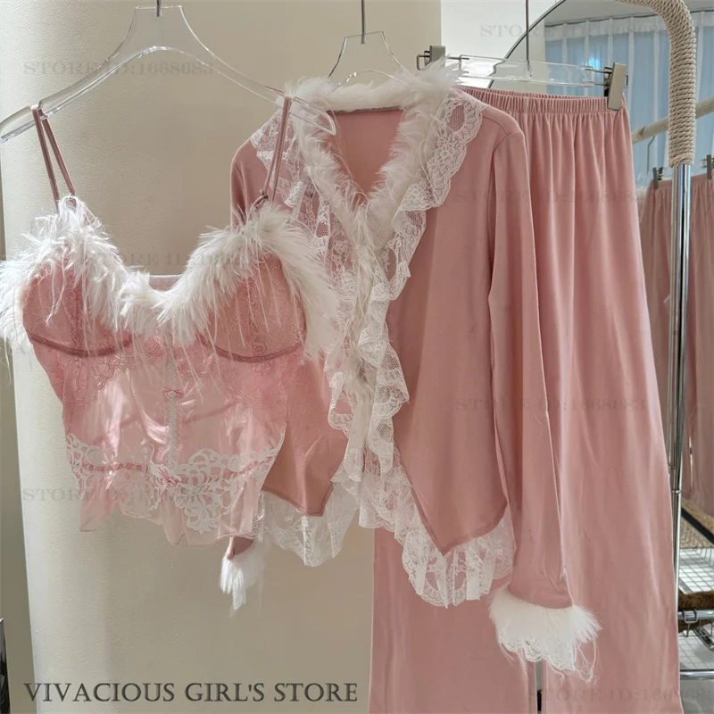 

Spring Autumn 3PCS Pajamas Set Women's Sleepwear Sexy Lace Lingerie Cami Trouser Pijamas Suit Loose Modal Homewear Loungewear