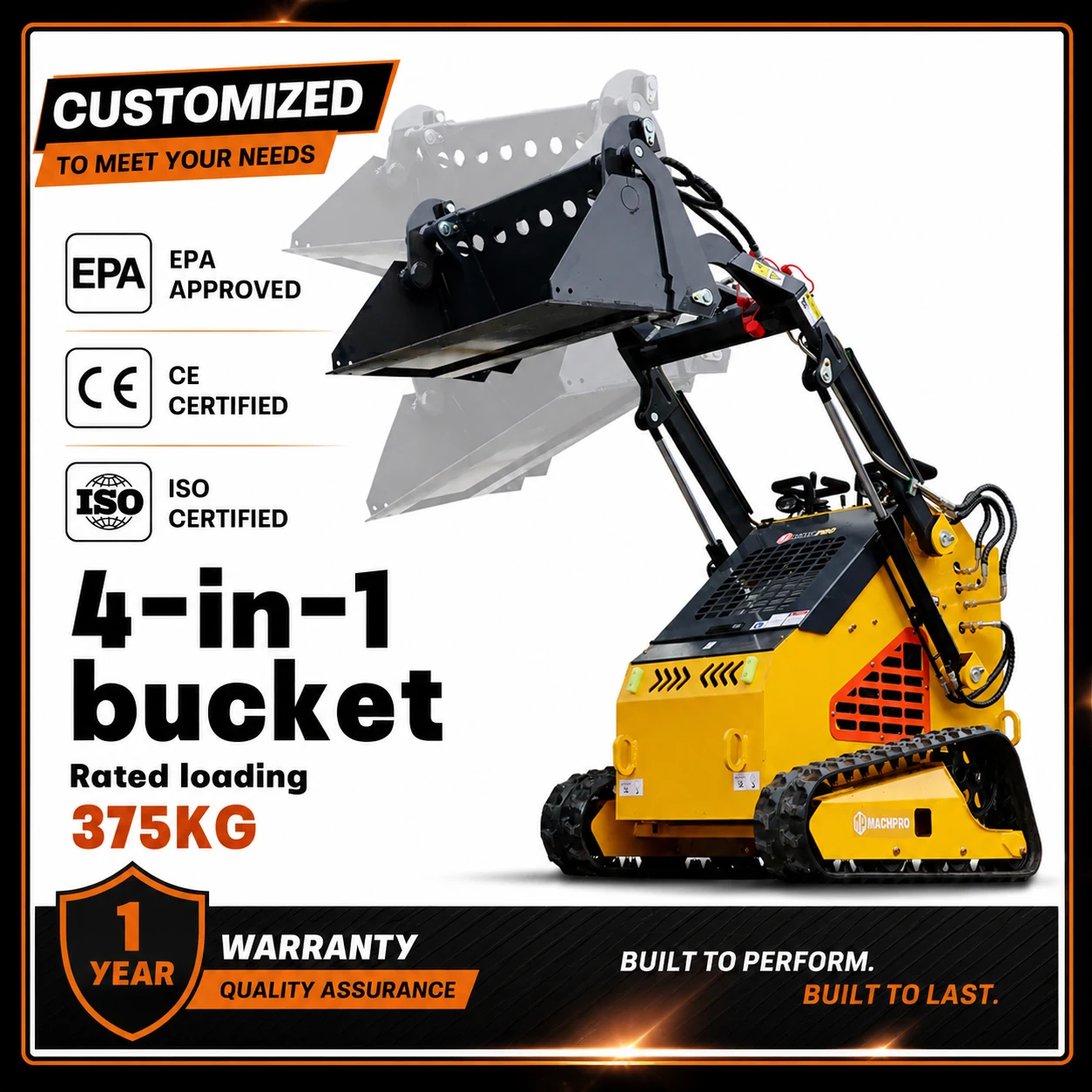 Mini Track Skid Steer Loader 375KG Load 4-in-1 Bucket CE EPA ISO Certified 1 Year Warranty Customizable Compact Crawler Loader