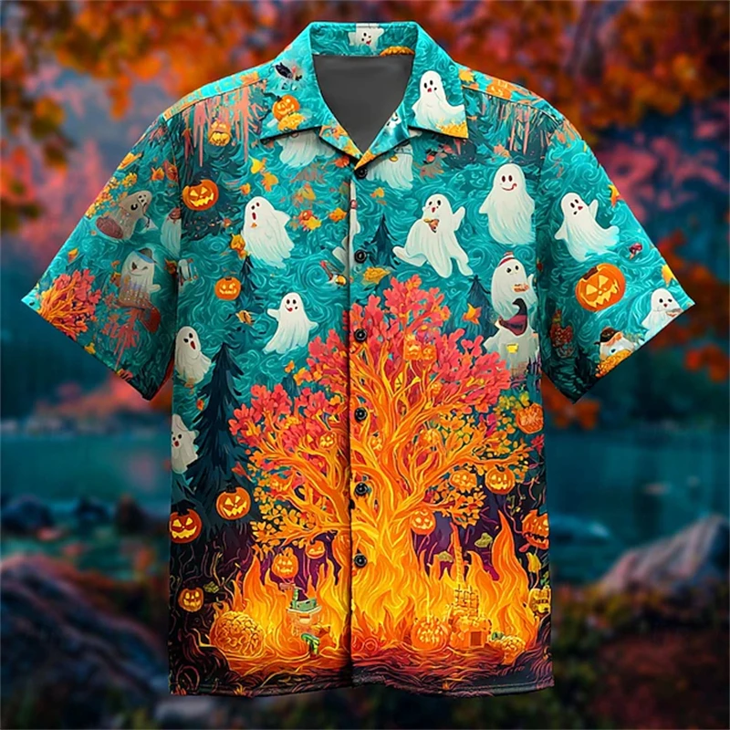 

Mens Halloween-themed Short-sleeved Shirts Festive Pumpkin and Ghost Printed Button Shirts Halloween Decorations for Celebration