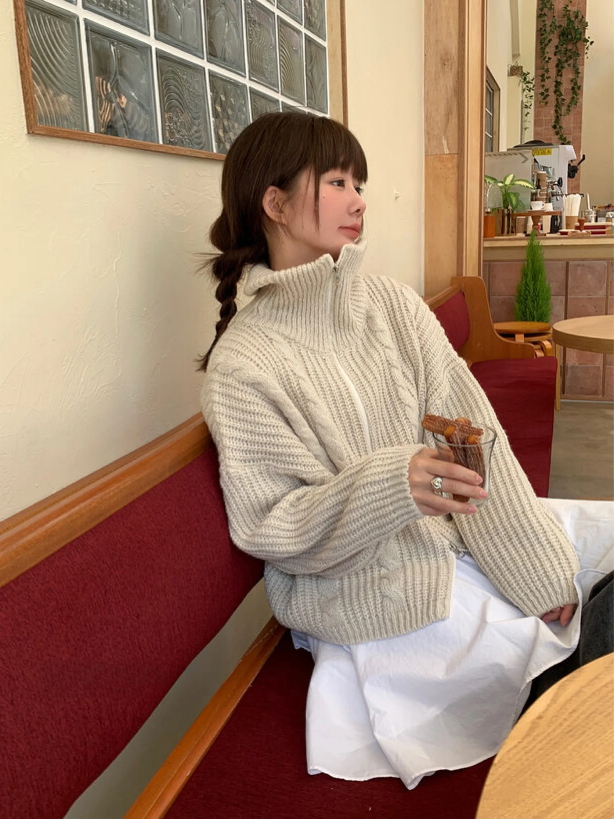 

Korean Style Lazy Retro Versatile Loose Twisted Long Sleeve Stand Collar Zipper Knitted Jacket Warm Thermal Autumn Winter Wom...