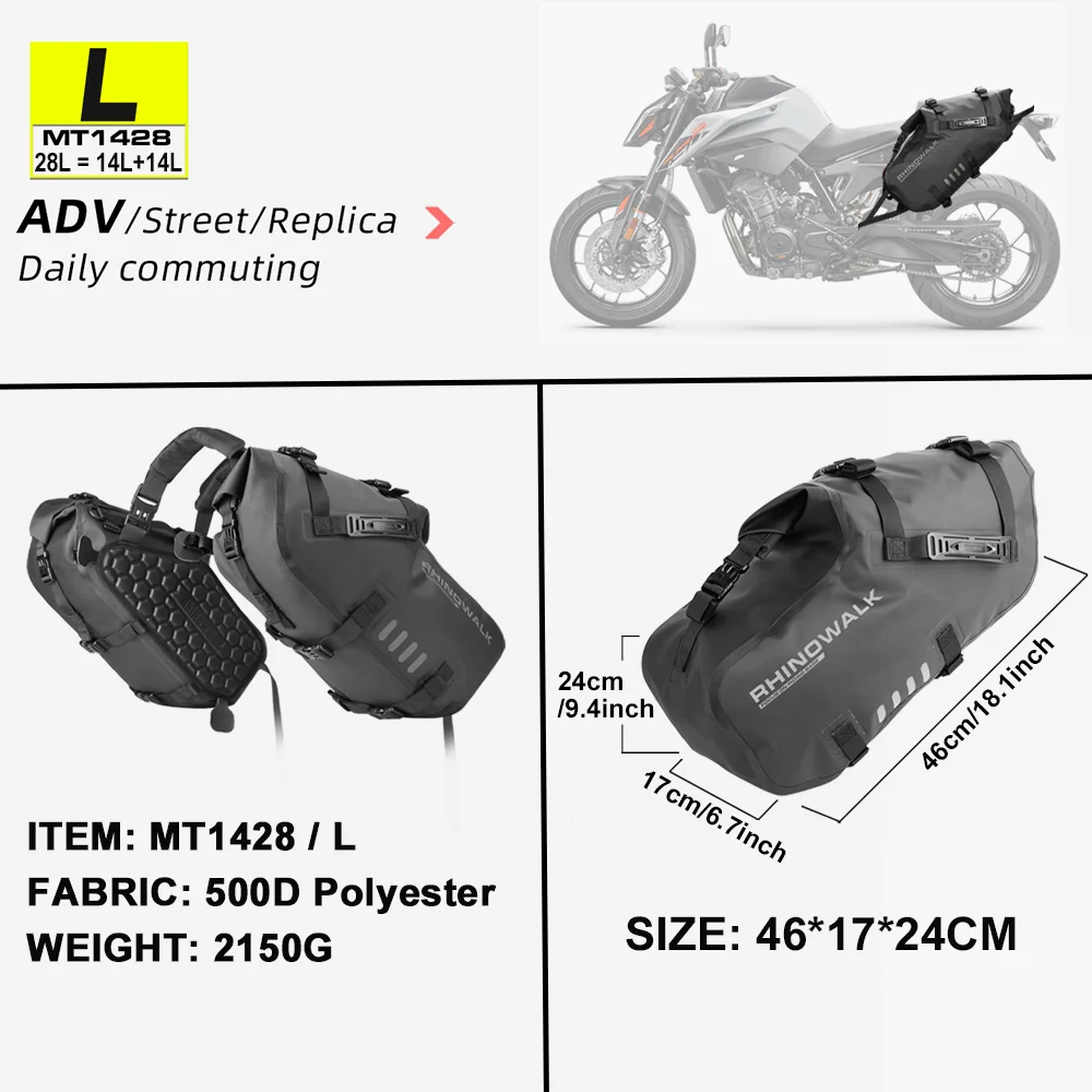 Rhinowalk Motortas 2 Stuks 100% Waterdicht 18L/28L/48L Universal Fit Motorfiets Fietstas Zadeltassen Zijopslag Bagage