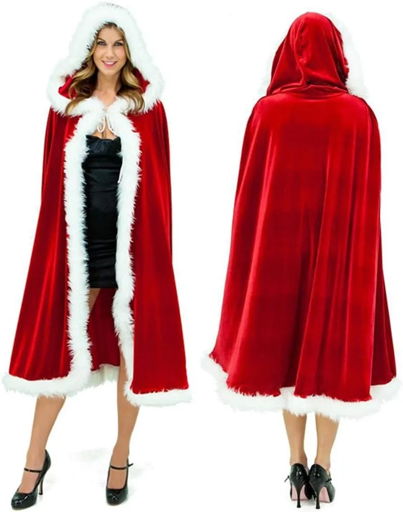 

Adult Child Christmas Santa Claus Robe Hooded Cloak, Mrs Santa Claus Velvet Hooded Cape Christmas Robe