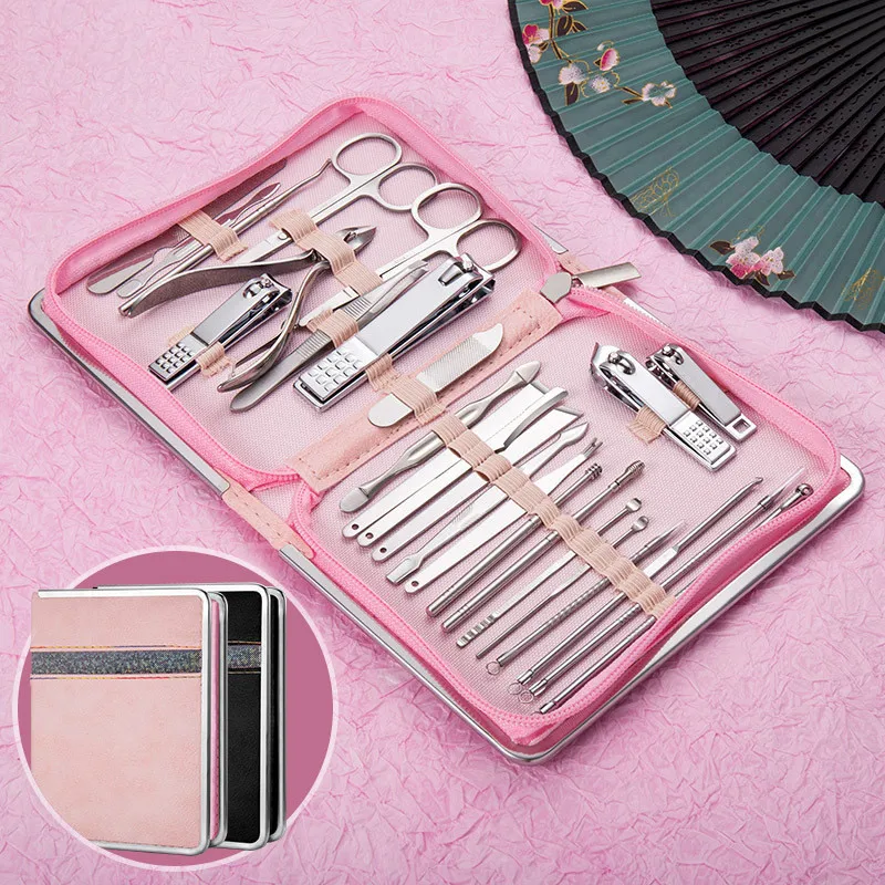 

26pcs Stainless Steel Pedicure Travel Manicure Set Nail Clippers Cutter Eyebrow Scissors Case Acne Needles Nail Clippers Kit