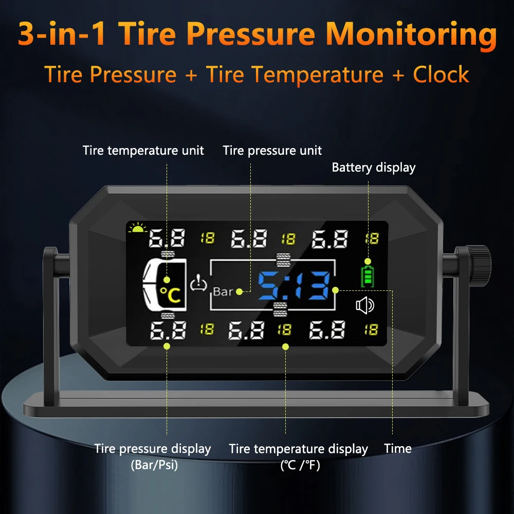 8Bar/ 15Bar Coche RV Camión TPMS Sensor de 6 ruedas Sistema de monitoreo de presión de neumáticos solar Reloj de temperatura Pantalla de presión de aire Alarma Sensores externos/internos