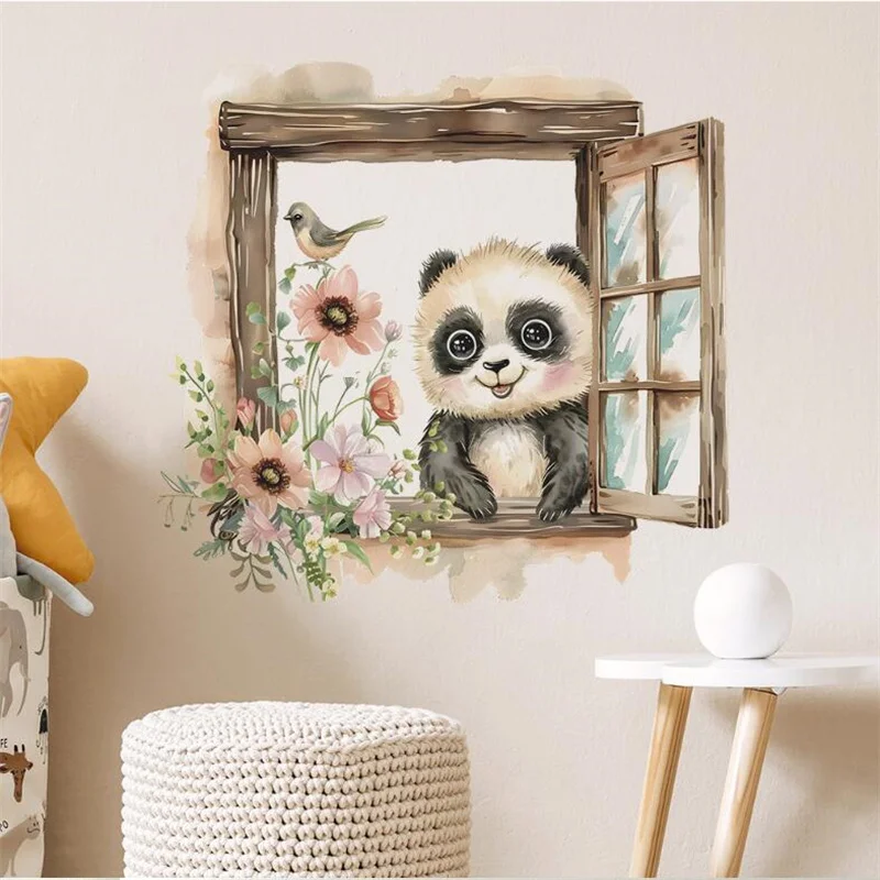 Creative Fake Window Panda Flower Birds Wall Stickers For Children's Room Kindergarten Home Background Beautification