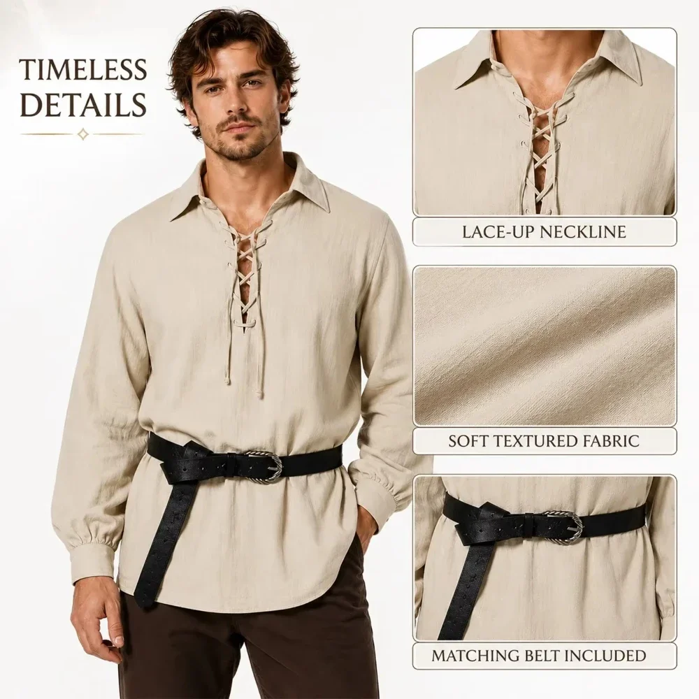 Men Vintage Medieval Viking Pirate Lace Up Shirt, Renaissance Long Sleeve Blouse Top With Belt, LARP Halloween Cosplay