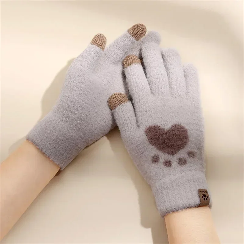 Women Winter Warm Gloves Cute Love Heart Pink Gloves Thick Fluffy Plush Cat Paw Mittens Outdoor Cold Resistant Full Finger Glove