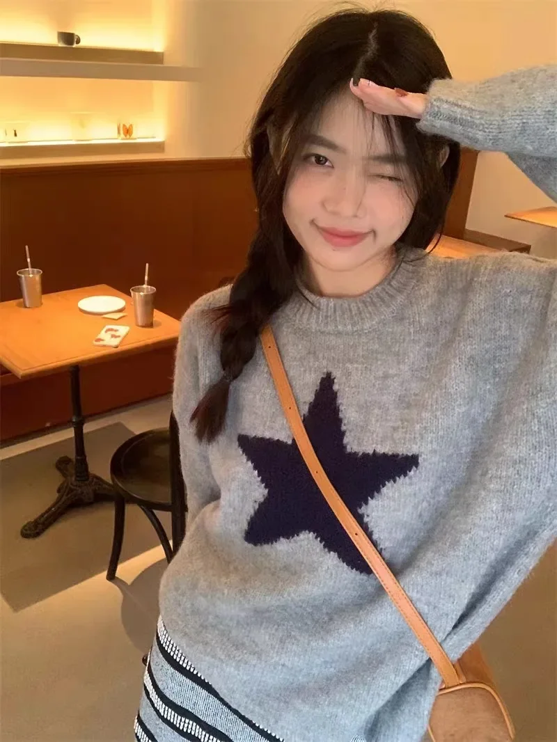 Y2K Aesthetic Star Sweater Gray Knitted Jumper Women Harajuku Vintage Korean Retro Loose Warm Pullover Tops High Street