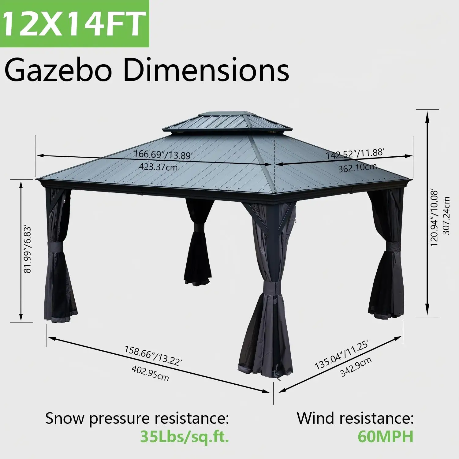 ！@12x14 FT Hardtop Gazebo with  Resin Roof,Drainage Gutters,Permanent Heavy Duty Pavilion,Curtains and Netting Included