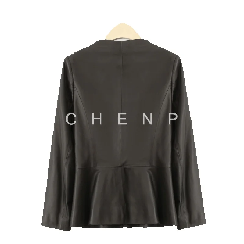 Chaqueta de piel auténtica para mujer, chaqueta ajustada, cintura dividida, diseño con cuello en V, manga larga, piel de oveja