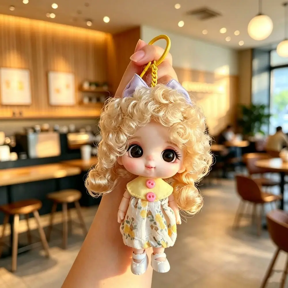 10CM Curly-Haired Doll Keychain Movable Joints Long Hair Mini Doll Pendant Wearable Outfit Lightweight Bag Charm Doll