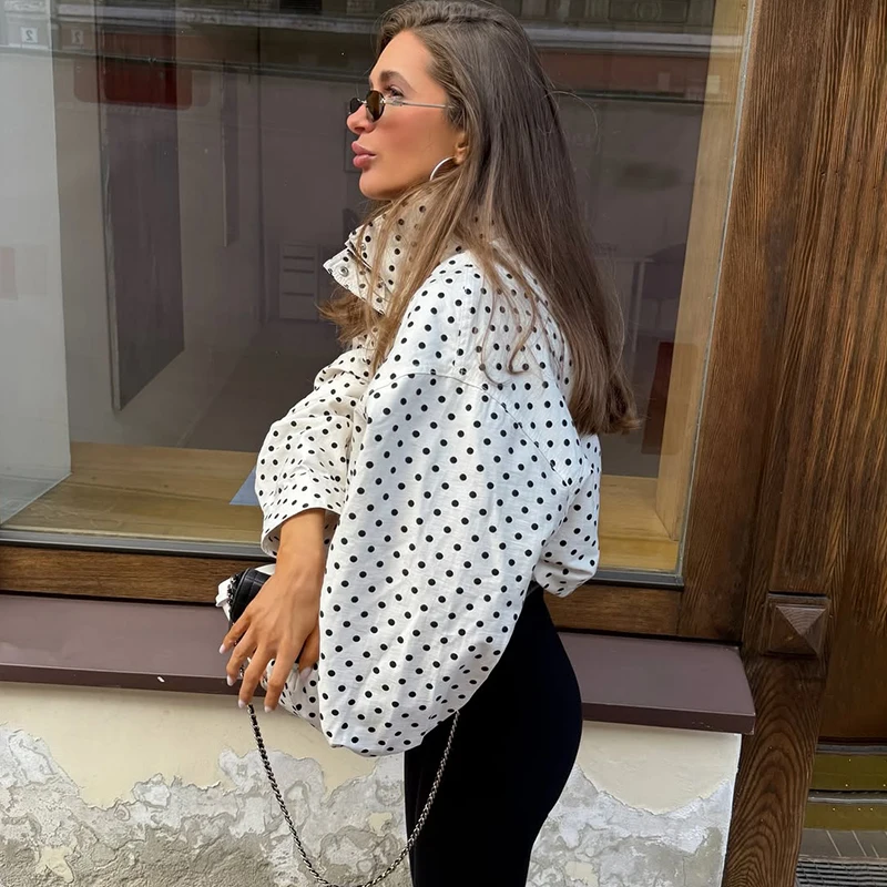 TARUXY موضة البولكا نقطة طباعة سترة معطف المرأة الوقوف طوق بأكمام طويلة ملابس العمل معطف Ins الساخن قصيرة سترات نسائية غير رسمية #4