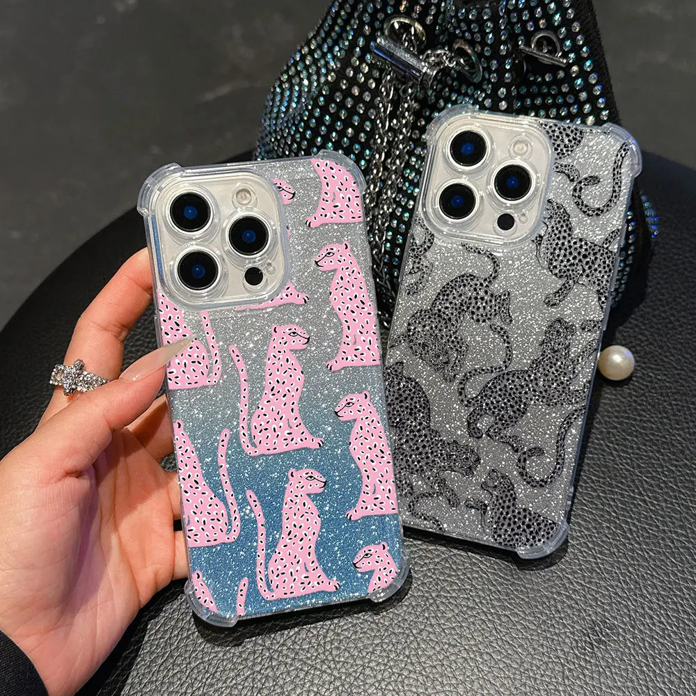 Fashion Pink Leopard Phone Case For Oppo Reno12 Reno11 Reno10 Reno8 Reno7 Reno6 Z F T Pro Plus 4G 5G Anti Bling Airbag Cover