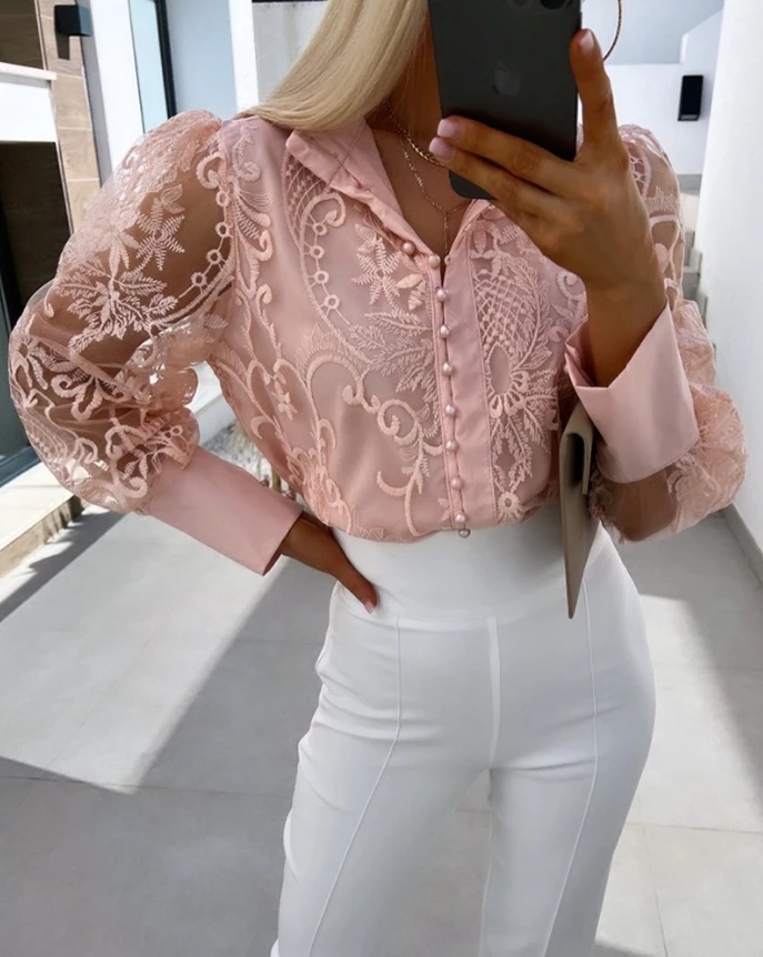 2024 Spring New Women\'s Embroidered Elegant Shirt with Casual Pearl Decorative Buckle Half Sheer Lace Top Temperament