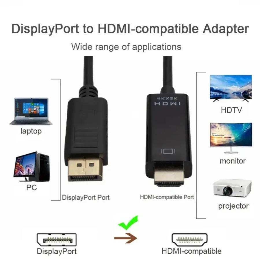 Adaptador Compatible con DisplayPort a HDMI 4K x 2K, convertidor DP a HDMI, Cable de 1,8 m para escritorio, portátil, PC, TV, Monitor, proyector