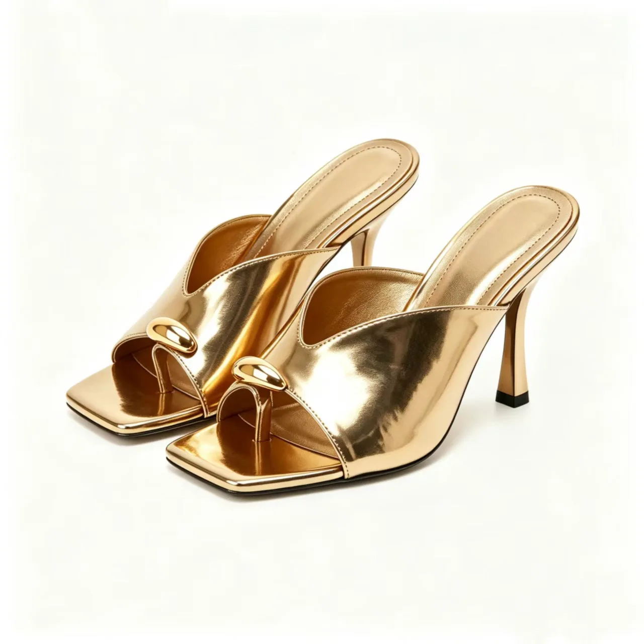 Women Metallic Square Toe Thong Mule Sandals Backless Thin High Heel Slip‑On Glamorous Luxury Fashion Party Summer PU Shoes F532