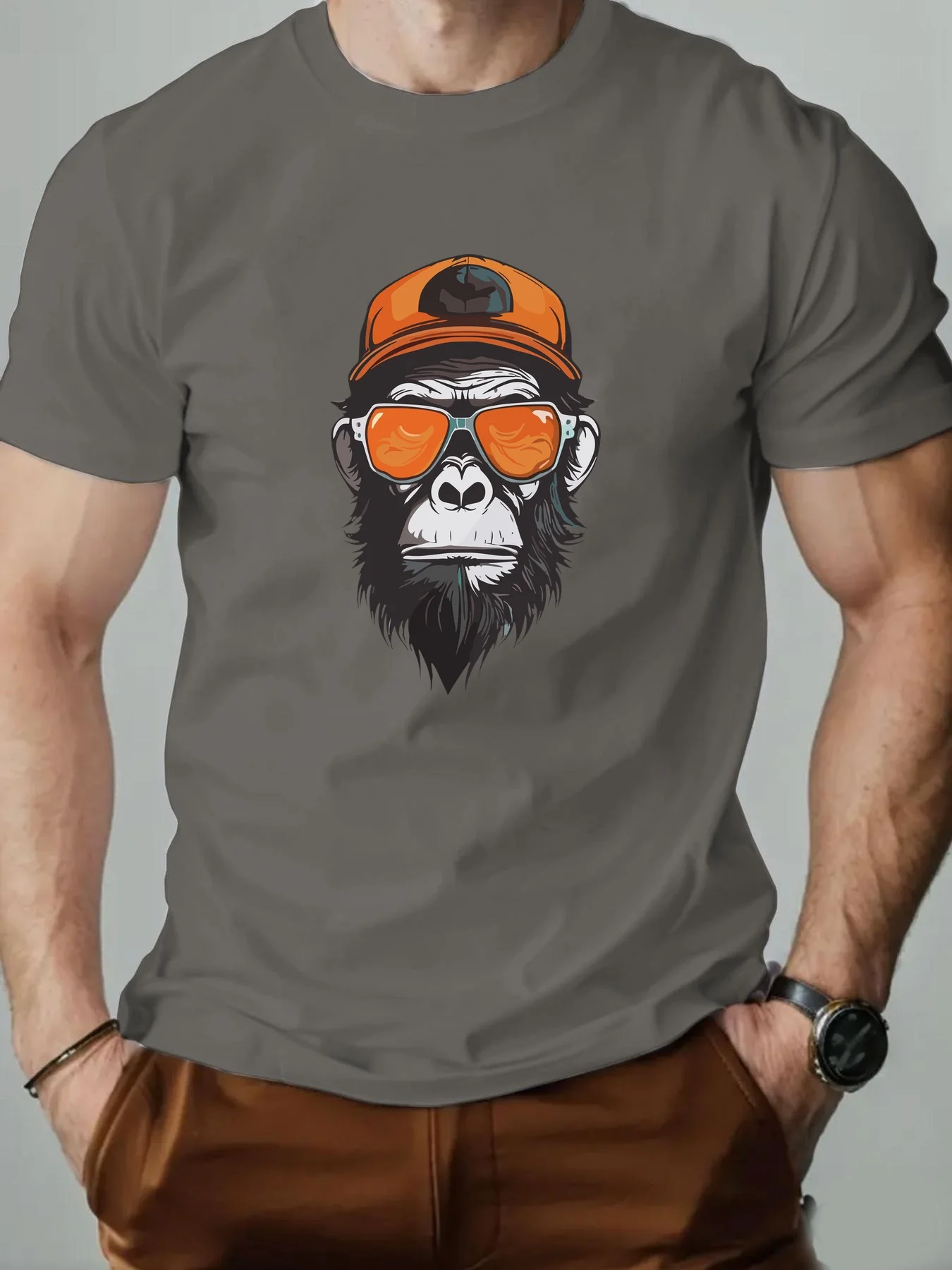 Men's summer 100% pure cotton fashionable casual sports loose monkey pattern printed round neck short sleeved T-shirt top