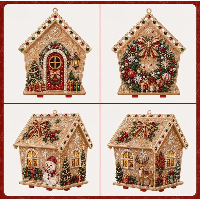 DIY Perlenkunst Weihnachtshaus Diamant-Malerei-Set Lebkuchenhaus-Form Weihnachts-Hängeornament-Set für Heimdekoration Geschenk – Detail 7