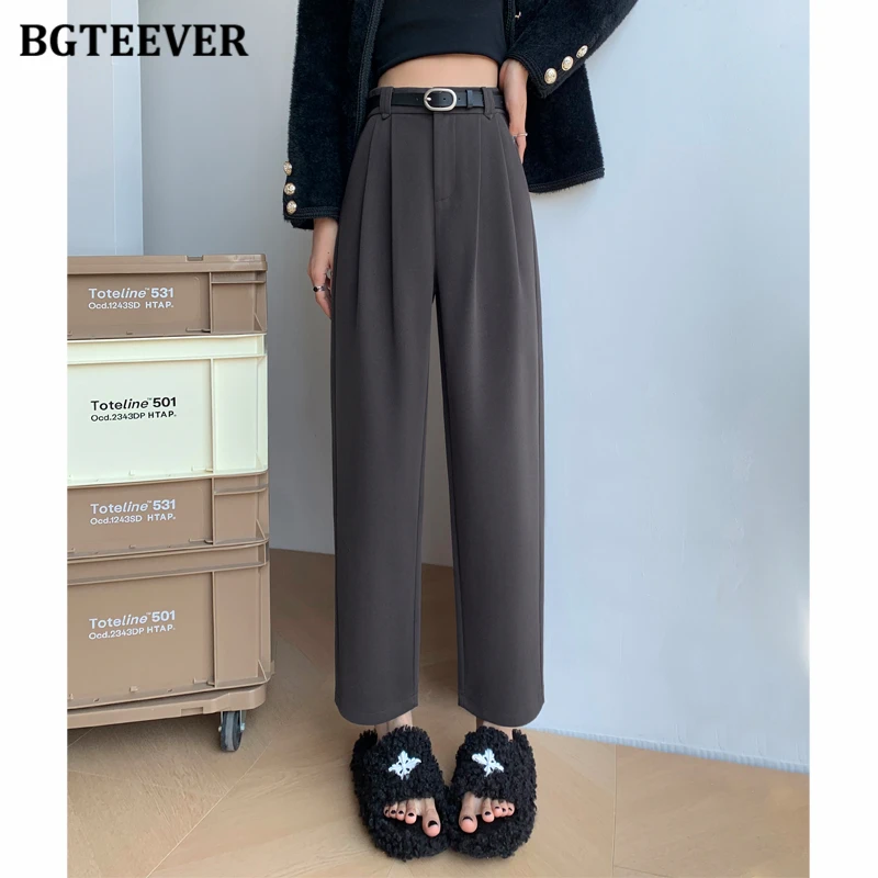 BGTEEVER Casual hoge taille dames rechte wollen broek herfst winter dikker warme losse zakken vrouwelijke harembroek met riem