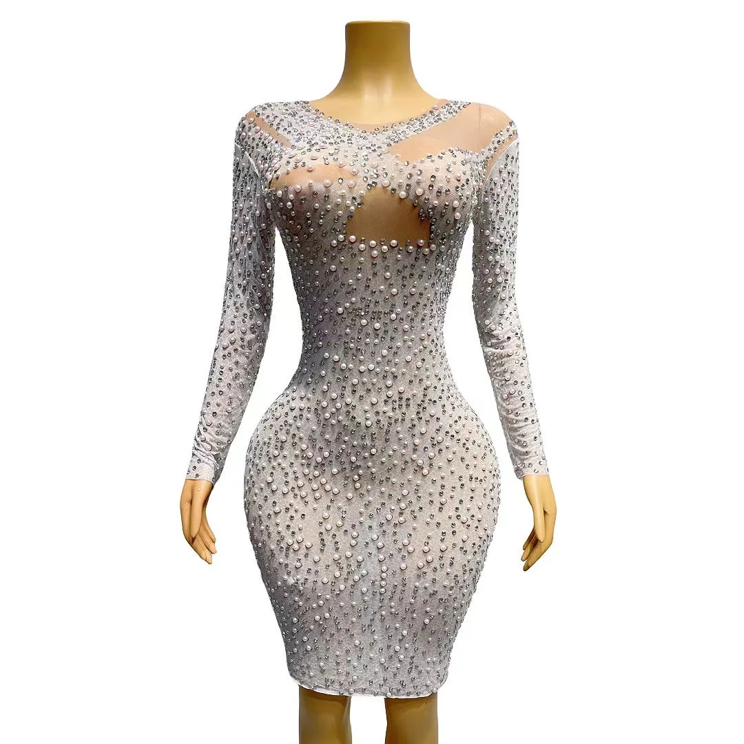 

Silver White Pearls Rhinestones Sexy TransparentDress Evening Birthday Celebrate Outfit SexySee Through Costume chunbai C104