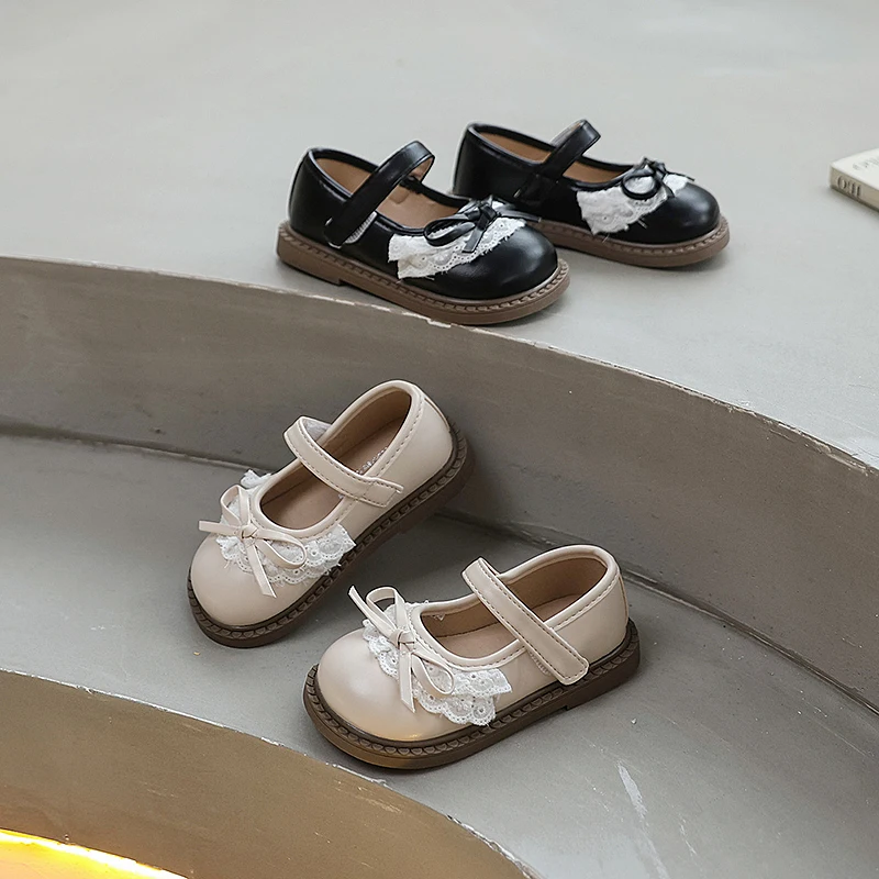

Chic Children Casual Shoes for Girls Spring Autumn Lace Ruffled Edge Kids Leather Shoes Sweet Princess Wedding Party Flat Shoes