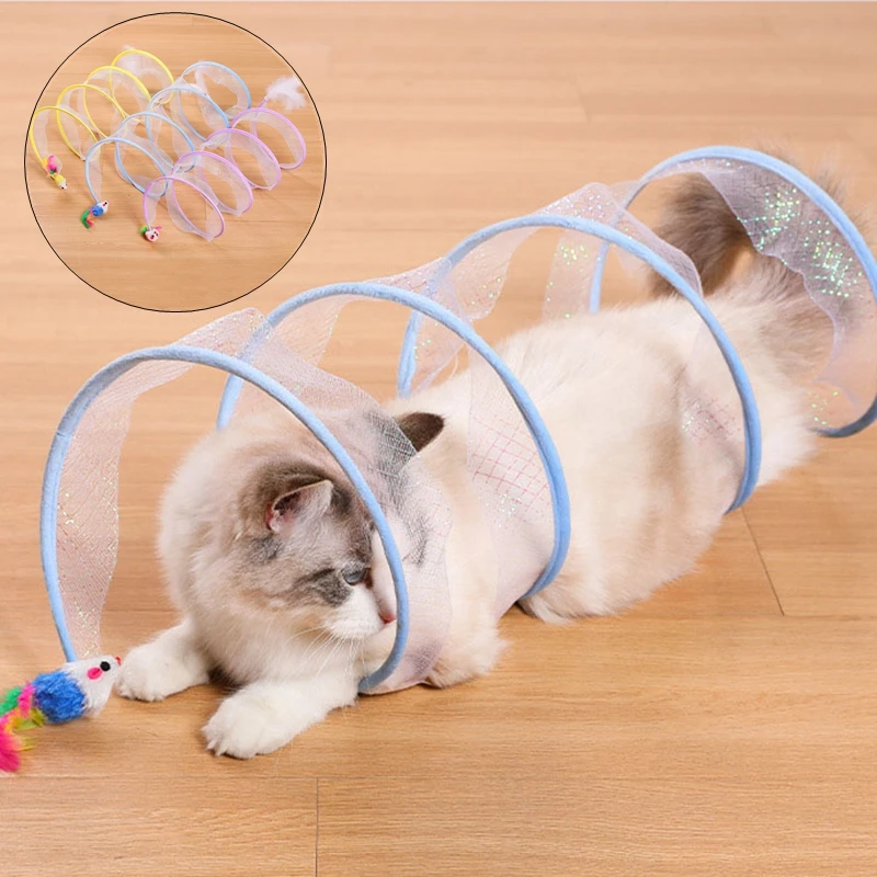 New Foldable Cat Tunnel Cat Tunnel Pet Toy， Feather Mouse Bell Cat Self High Amusement Amusement Elastic Mesh Teasing Cat Stick