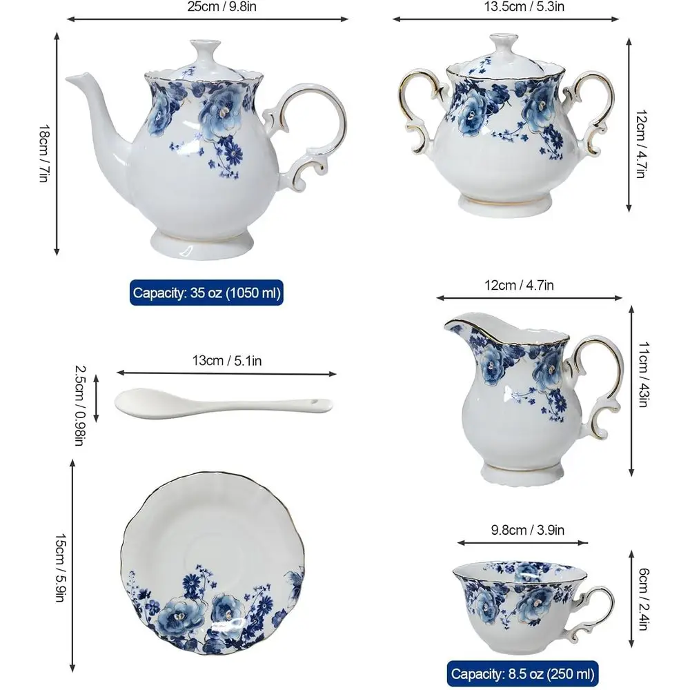 Elegant Blue & White 13-Piece Vintage Floral Bone China Tea Set for 4, Perfect for Women's Tea Parties (Gift)