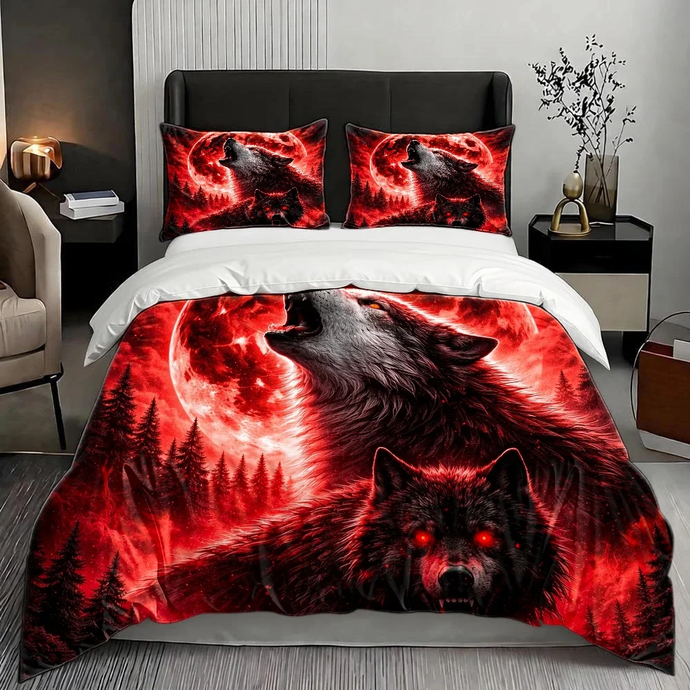 Wild Red Moon Wolf Shadow Duvet Cover Set Multi Size Quilt Cover Queen Size Bedroom Bedding Decoration Machine Washable Adult Boy Girl Bedroom