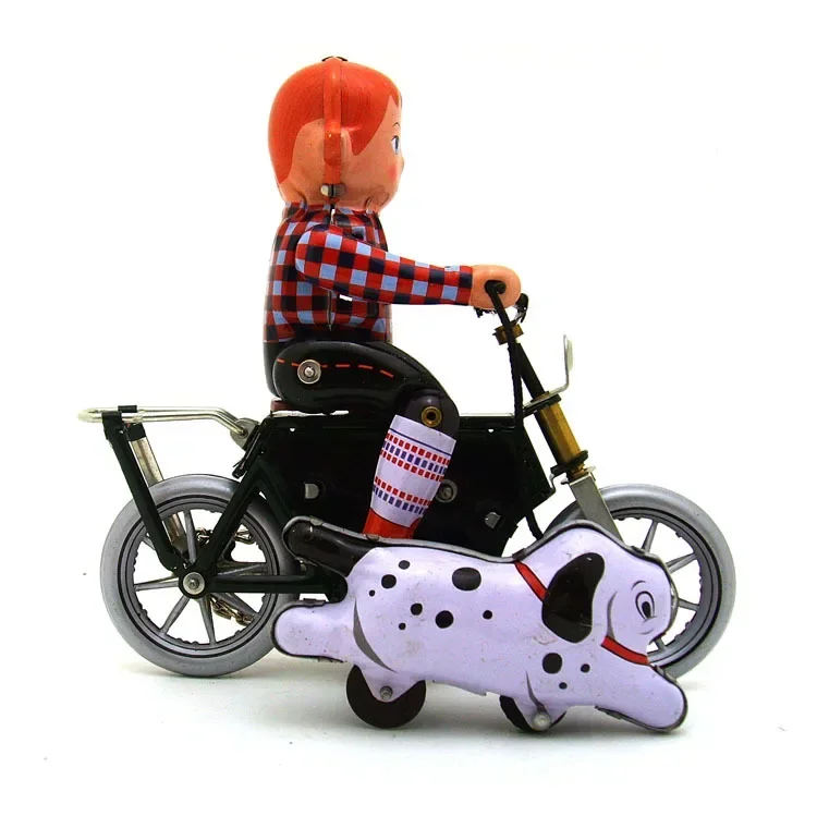 [Fun] Adult Collection Retro Wind up toy Metal Tin The boy walk the dog by bike motorcycle Clockwork toy figures model kids gift