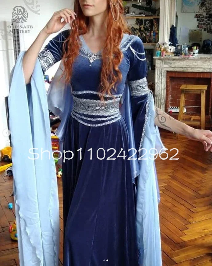 Navy Blue Velvet Medieval Prom Dresses with Fairy Long Sleeve Silver Lace Embroidery Fantasy Crimson  Cosplay Evening Gown