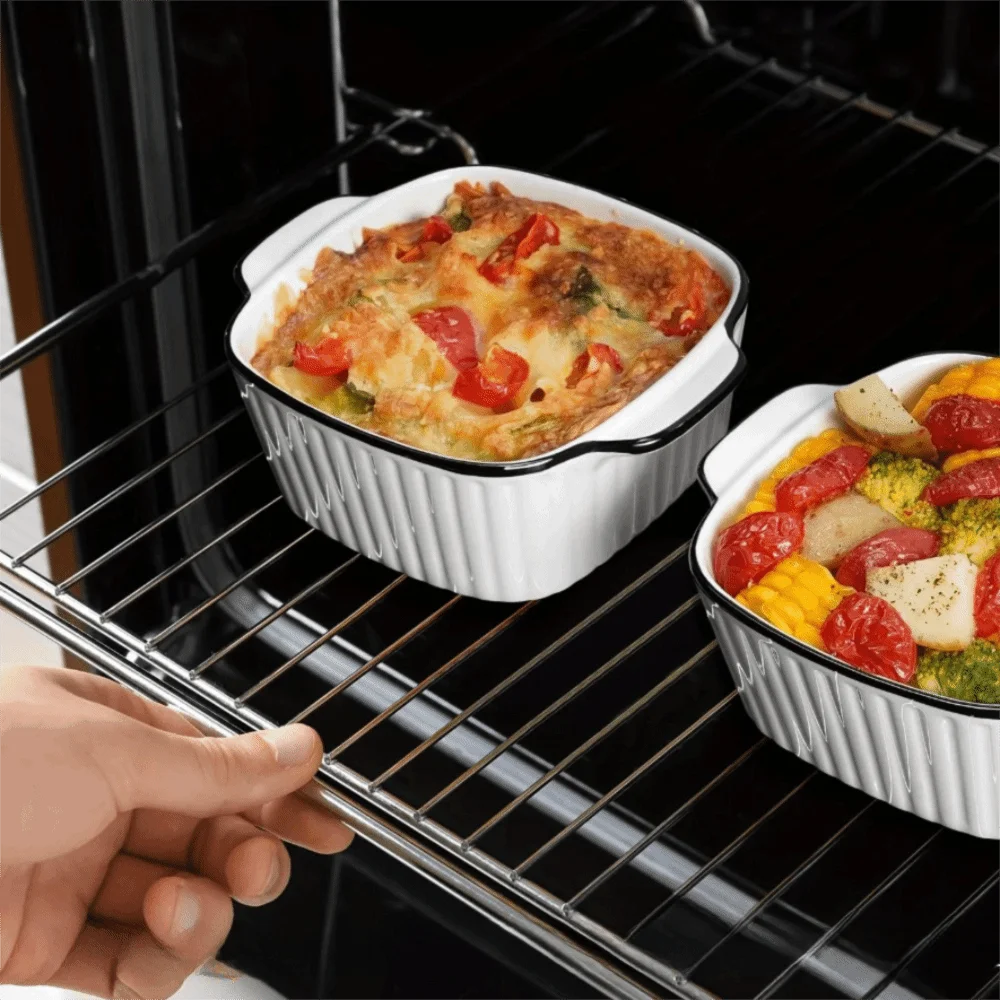 

4PCS Non-slip Ceramic Baking Bowl with Handle Square Rice Bowl Embossed Pattern Heat-resistant Lasagna Baking Pan Air Fryer