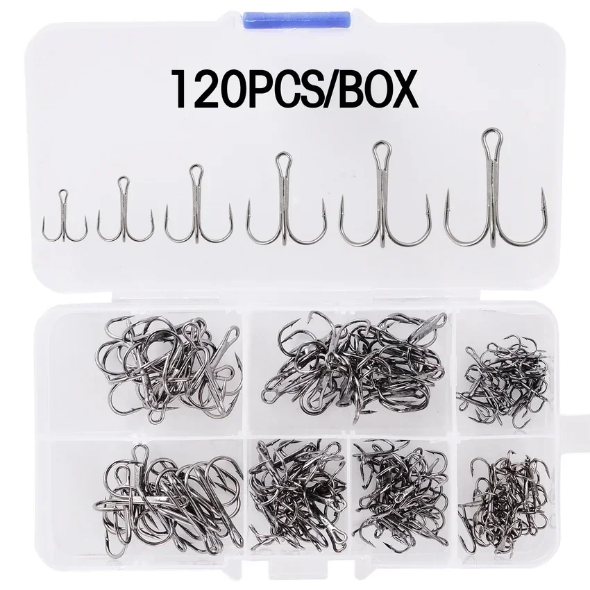 120/50pcs 4# 6# 8# 10# Black Fishing Hook High Carbon Steel Treble Overturned Hooks Fishing Tackle Round Bend Treble for Bass