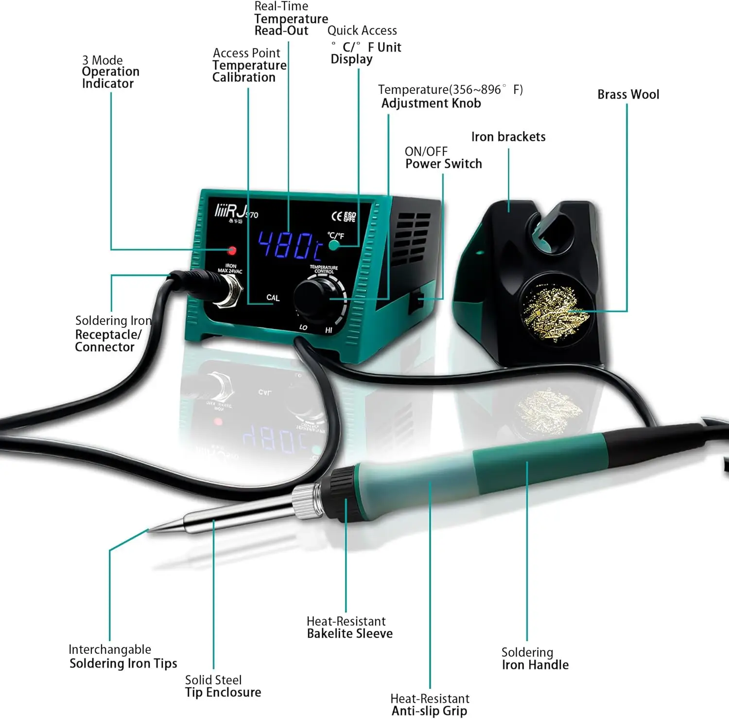 محطة لحام رقمية 75 وات مع شاشة LED، درجة حرارة قابلة للتعديل 392 ° F-896 ° F، 5 نصائح، لحام خالي من الرصاص، ملاقط، آمنة من ESD