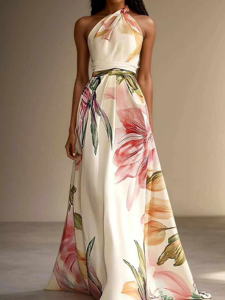 Women Skew Collar One Shoulder Patchwork Maxi Dress Sleeveless Hollow out Summer Fashion Streetwear Elegant Printing Dress 2026