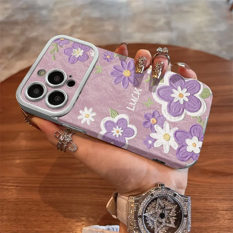 

Oil painting flower suitable for Apple 16 purple fur phone case iPhone 17 series new 15 pro max electroplating 14