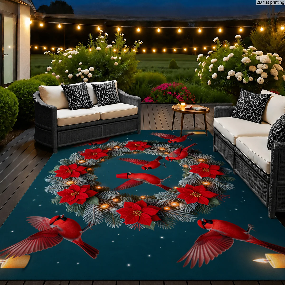 1pc Indoor & Outdoor Large Rug,Turquoise Background with Red Birds, Scarlet Flowers & Pine Wreath Pattern, Decor for Living Room