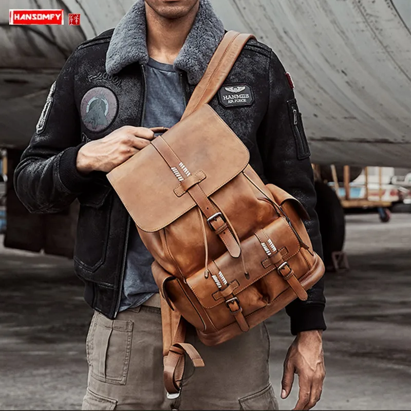 Luxury Travel Bag All Leather Men's Backpack Schoolbag 2026 New World War II Pepper Salt  Full-Grain Leather Large Capac