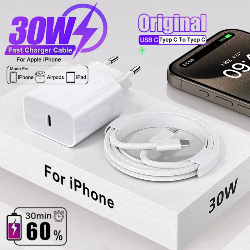 Original PD 30W Type C Quick Charger For APPLE iPhone 15 14 13 12 11 Pro Max SE Mini X XS XR 7 8 Plus Fast Charging iPhone Cable