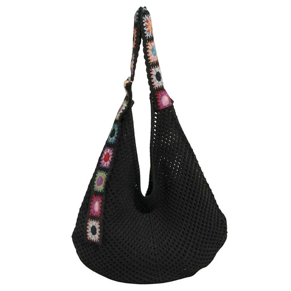 Large Capacity Crochet Tote Bag Ethnic Style Lightweight Hollow Woven Bag Polyester Embroidered Strap Knitting Handbag Spring