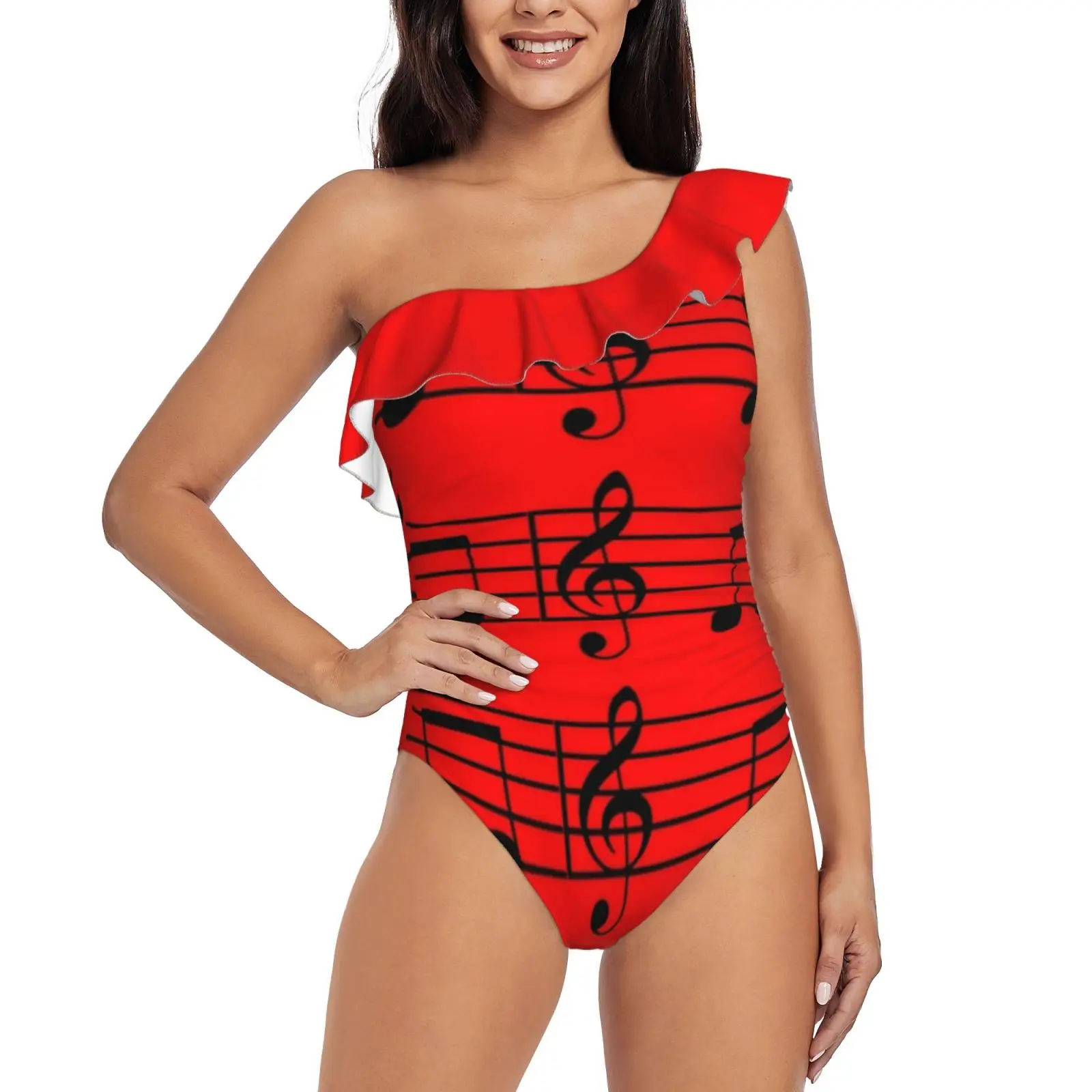 

Music Notes One Shoulder Ruffle Swimsuit One Piece Print Swimwear Women Bathing Suit Monokini Music Rytim Hip Hop Dance Music