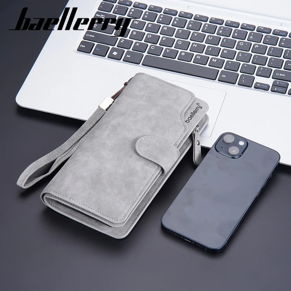 Baellerry Men's Long RfID Wallet PU Leather Zipper Coin Pocket 12 Card Slots Business Travel Gift