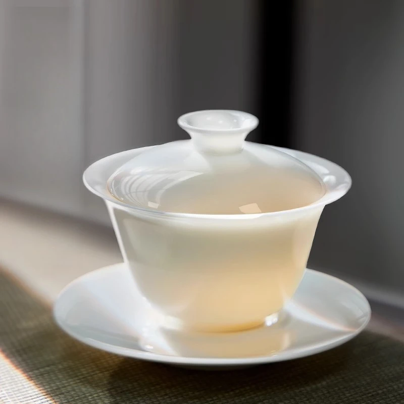 Suet Jade Cover Bowl Three Talents Are Not Hot, Hover White Porcelain Tea Bowl Household High-End Tea Cup Kung Fu Tea Set Tea Ma