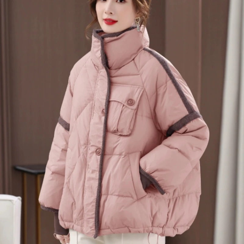 

Down Jacket with Stand-up Collar for Women, Short Down Jackets, Patchwork Outerwear, Casual Pocket Thick Warm, Snow, Winter, New