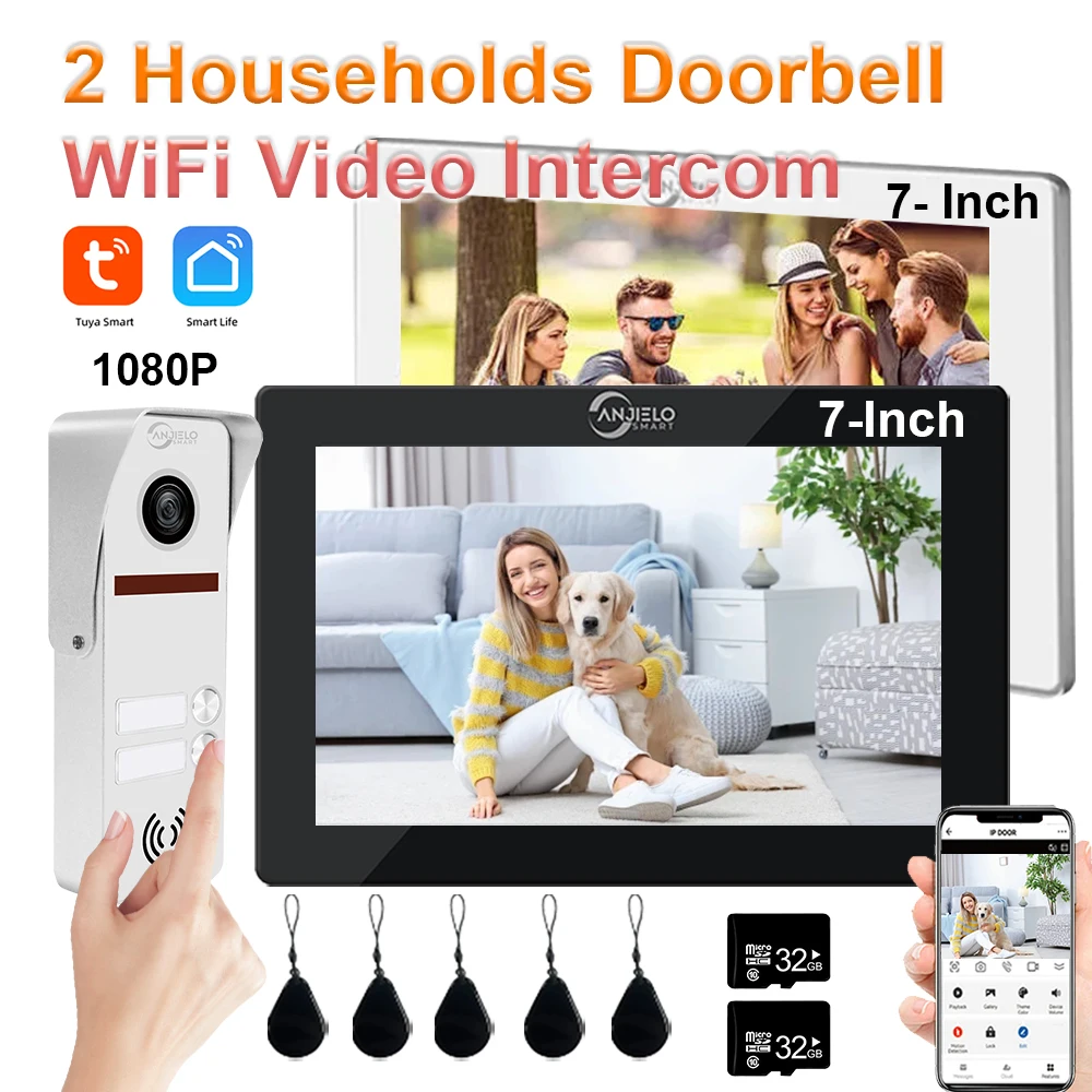 Wifi Video Intercom Kit for 2-Households Home Tuya Smart Life 2 Monitors 7 Inch 1080P Doorbell Camera Intercoms for Apartment